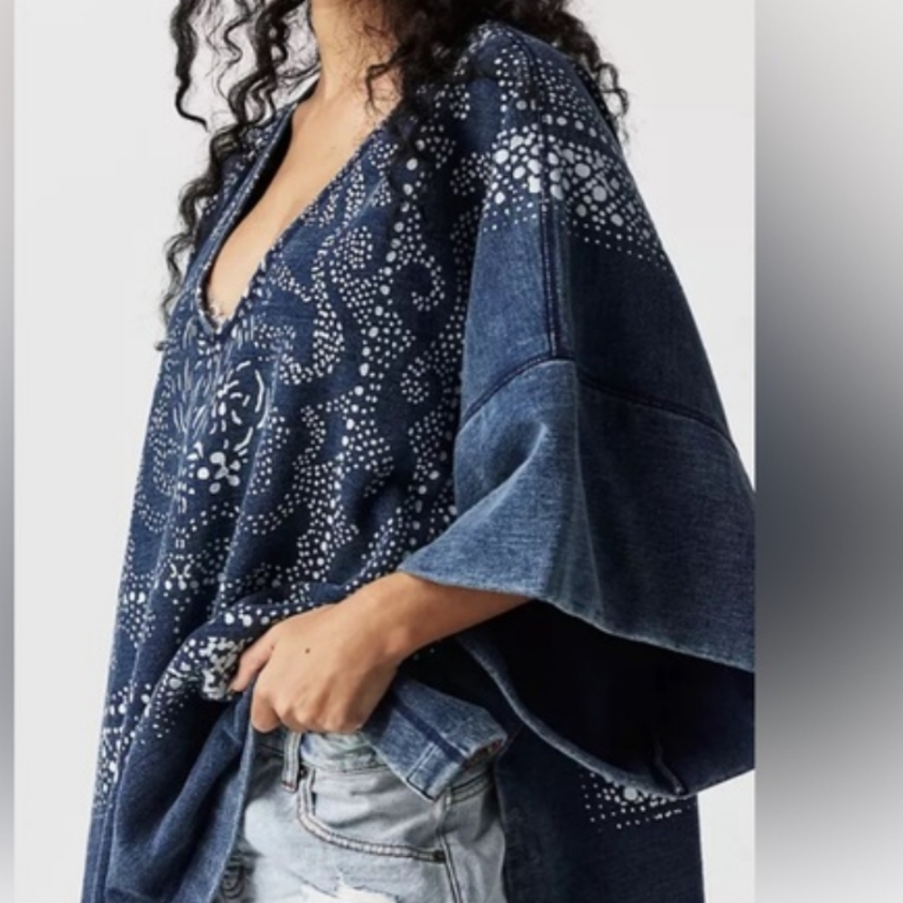 Free People Navy Blue Embroidered Scoop Neck Sweater with Red Accent - Picture 14 of 15